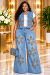 Golden Blossom Rhinestone Denim Set – Light Wash