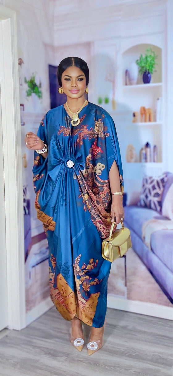 Luxe Royal Satin Kaftan Dress(skyblue/Brown)