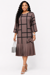 Madison Pleated Bow Midi Dress(Brown)