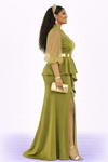 COUTURE PEPLUM FRONT SLIT DRESS(OLIVE GREEN)