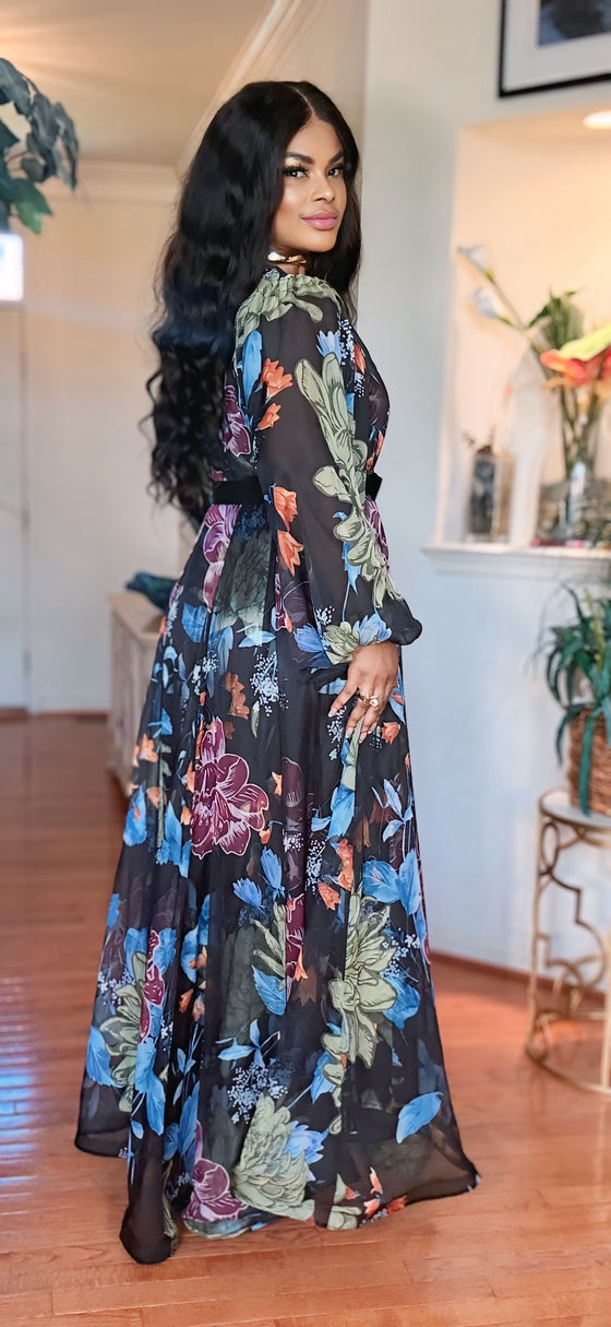 FLORAL BELTED MAXI DRESS(BLACK MULTI)