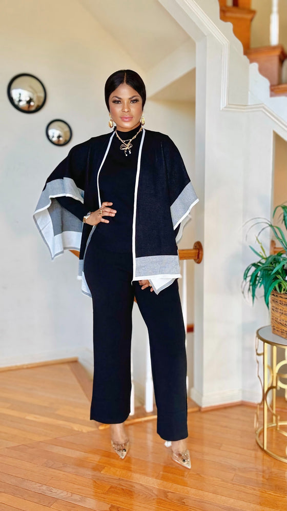 3PCS CAPE/KNIT  PALAZZO SET(BLACK)
