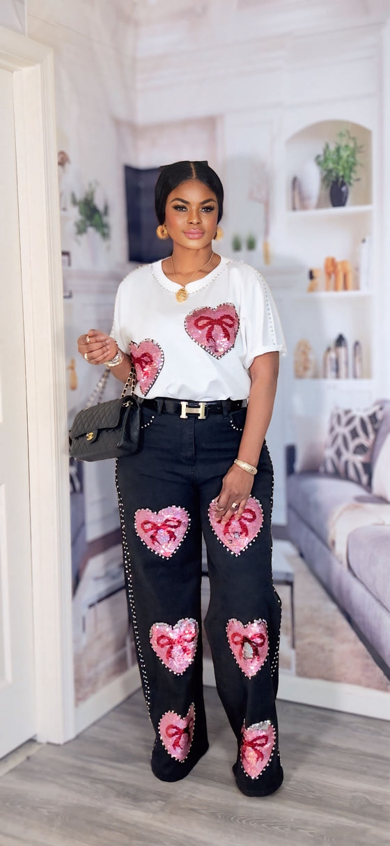 Pink Sequin Heart Denim 2piece Set