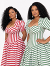 Vintage Stripe Sweetheart Midi Dress(Green)