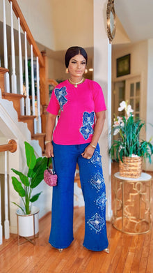  SHORT SLEEVE PINK TOP/DENIM PANTS SET