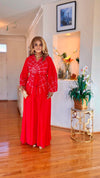 RHINESTONE BELTED LONG-SLEEVE MAXI DRESS (RED)