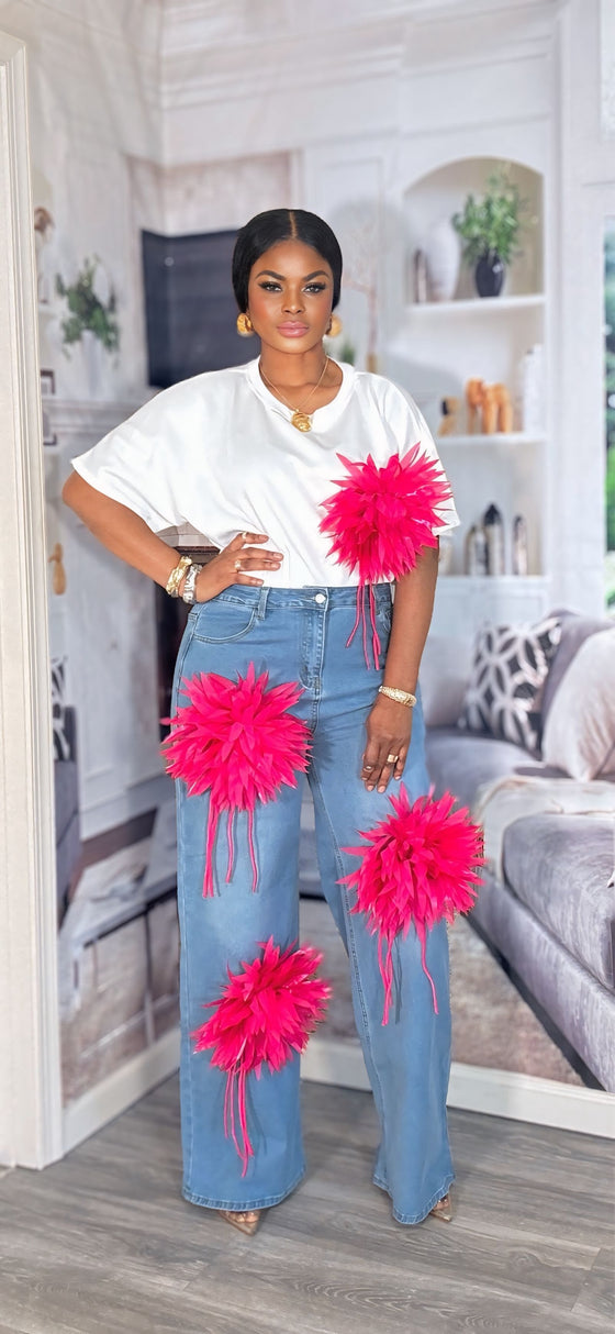Pink Feather Bloom 2piece Denim Set