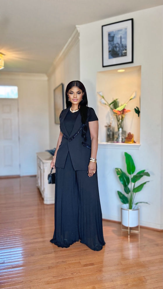 2 PIECE POWER PLEATS LUXE PALAZZO PANT SET(BLACK)