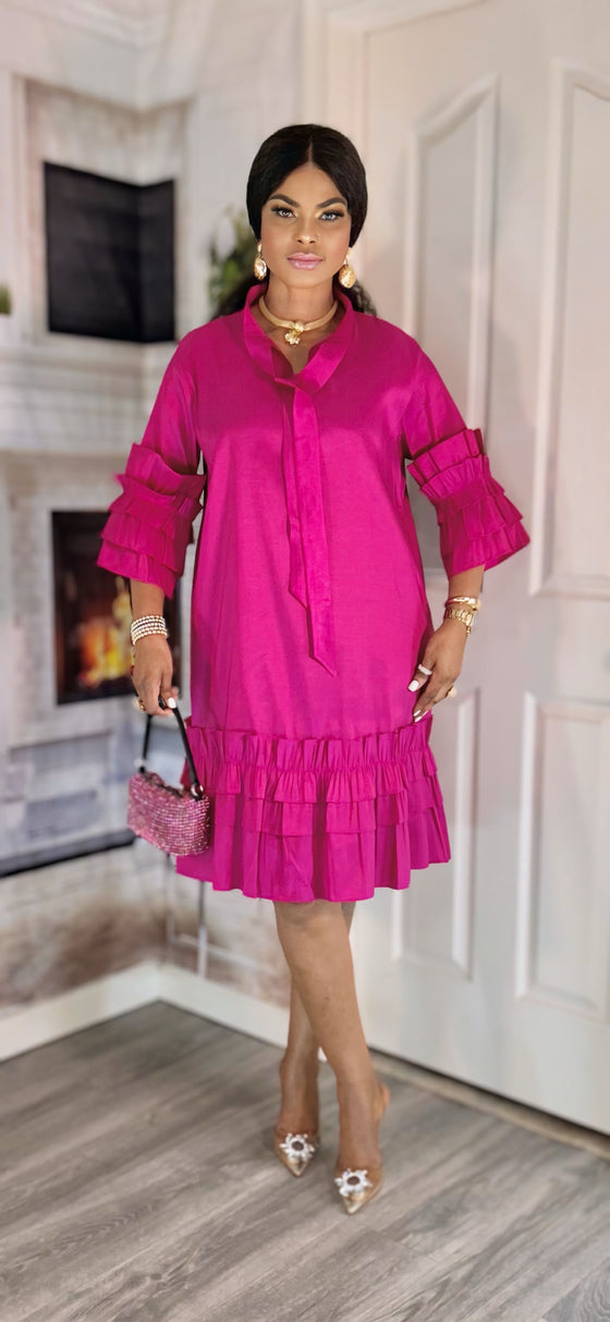 SHORT SLEEVE RUCHED MIDI DRESS(MAGENTA)