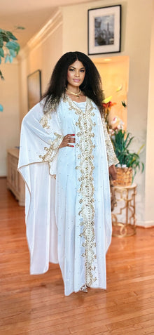  WHITE-GOLD LACE GEMSTONE KAFTAN DRESS