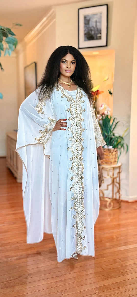 WHITE-GOLD LACE GEMSTONE KAFTAN DRESS