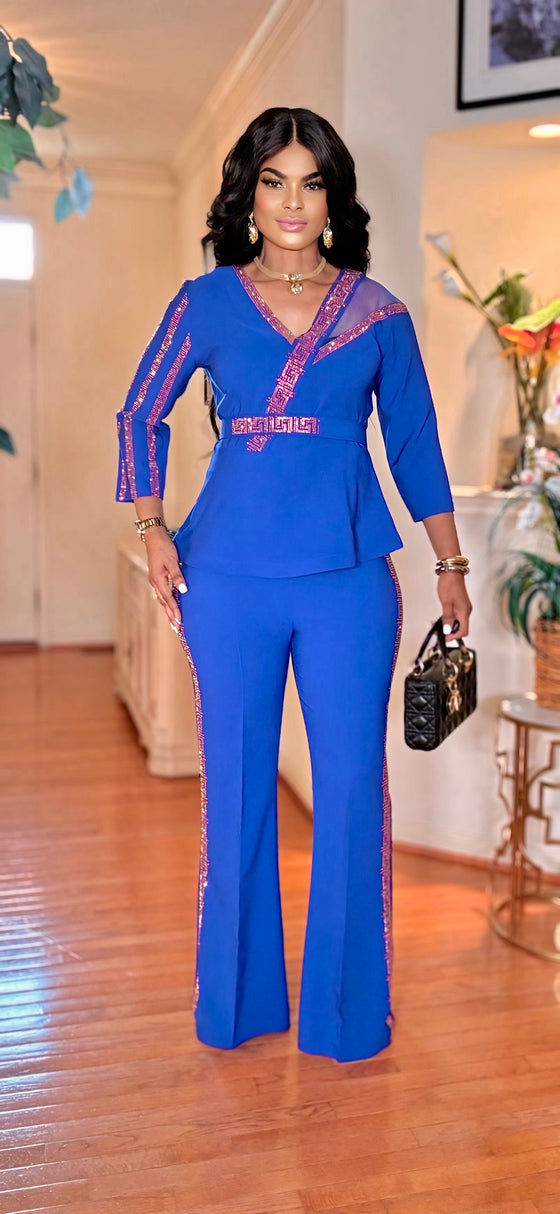 RHINESTONE 2PIECE PALAZZO PANT SET(ROYAL BLUE)