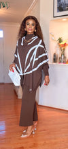 3PCS CAPE/SWEATER KNIT SET(BROWN/WHITE)