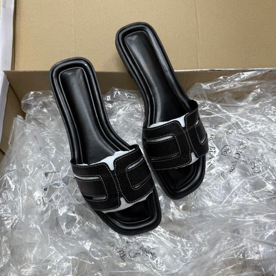 Black Square-Toe Statement Slide Sandals
