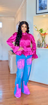 Pink/Blue Flame Studded Wide-Leg Denim(Bottom)
