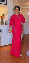 RHINESTONE/RUCHED FRONT SLIT MAXI DRESS(RED)