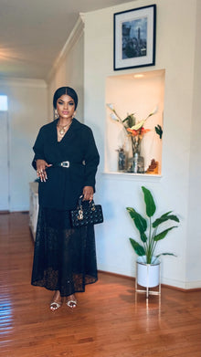  Belted Suit & Lace Skirt Set – Black Elegance
