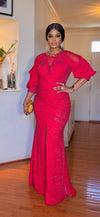 RHINESTONE/RUCHED FRONT SLIT MAXI DRESS(RED)