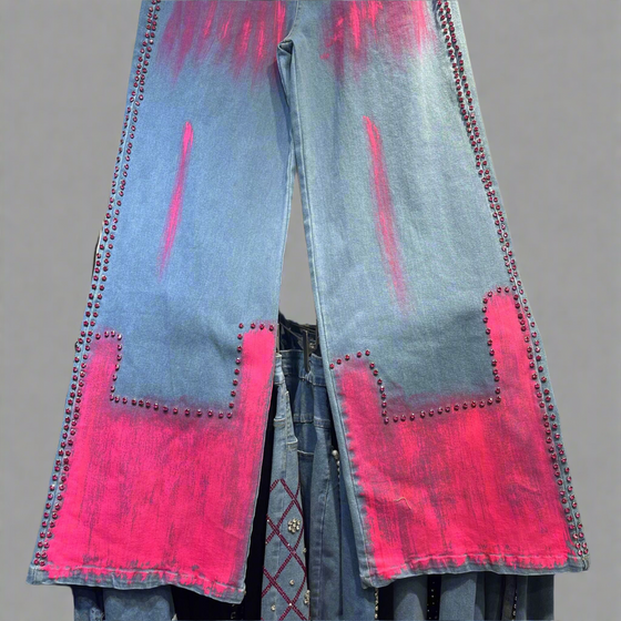 Pink/Blue Flame Studded Wide-Leg Denim(Bottom)
