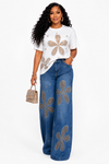 Golden Bloom Rhinestone Denim Pant Set