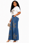 Golden Bloom Rhinestone Denim Pant Set