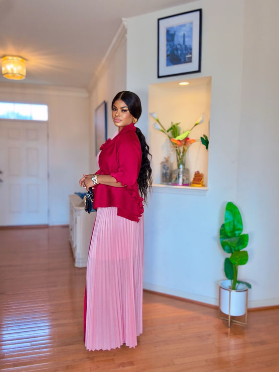 Two-Tone Rose MIYAKI Pleated Skirt Set(Pink-Wine)