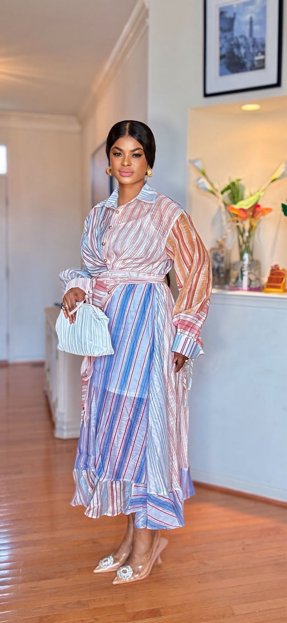 Multi Stripe Elegance Belted Midi Dress