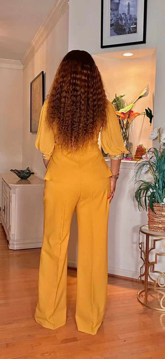 SHORTSLEEVED RHINESTONE PALAZZO PANT SET(MUSTARD)