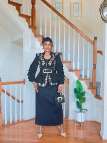  Black Royal Gold Embroidery Peplum Skirt Set