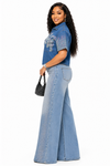 Crystal Glow Denim Palazzo Set