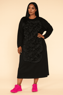  Luxury Ruffle Front Midi Dress – Black