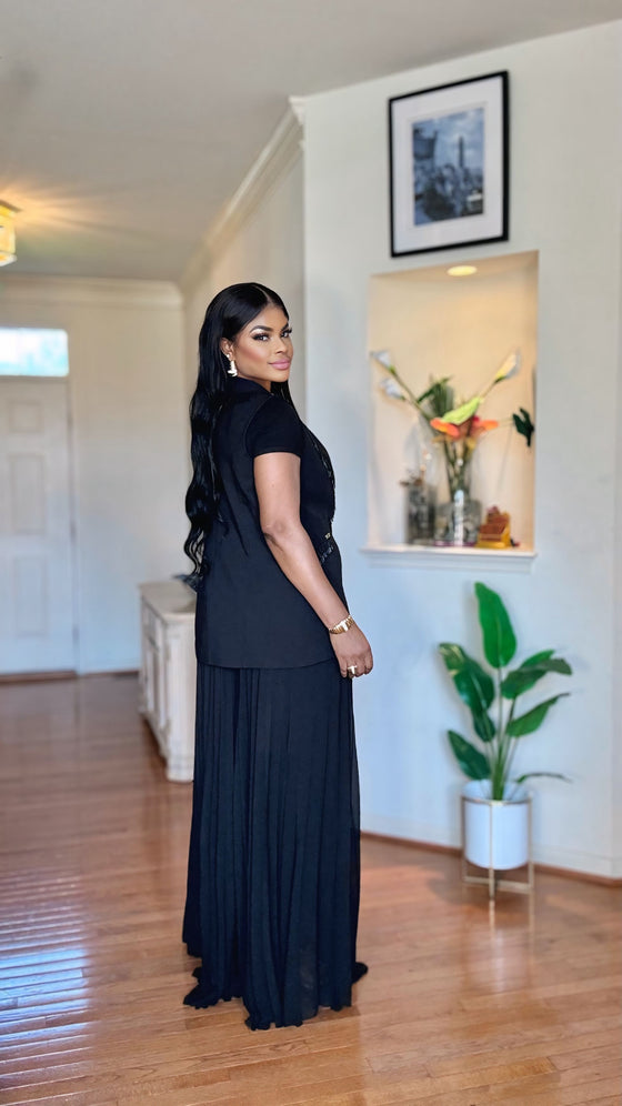2 PIECE POWER PLEATS LUXE PALAZZO PANT SET(BLACK)