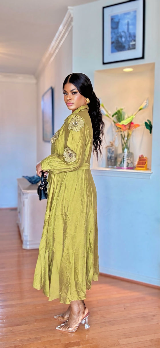 3D FLORENCE EMBELLISHED MIDI DRESS – OLIVE GREEN