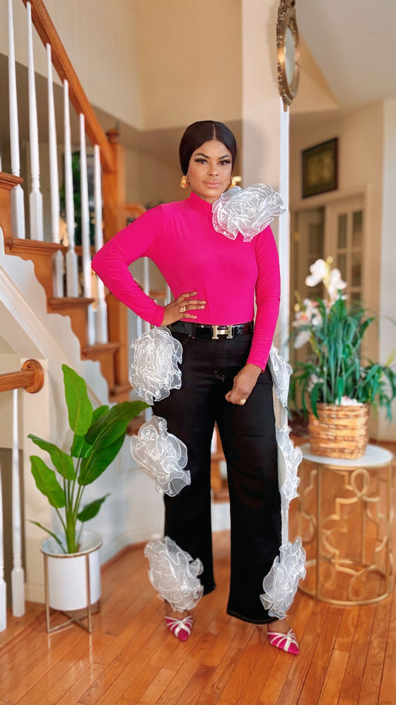 DETACHABLE RUFFLES PETALS  PINK TOP-BLACK DENIM SET