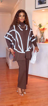 3PCS CAPE/SWEATER KNIT SET(BROWN/WHITE)