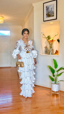  Gold /White Appliqué RhinestonesRuffle Maxi Dress ✨