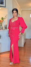 RHINESTONE PUFFY SLEEVES SIDE SLIT MAXI DRESS(RED)