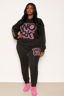  Work Mode Sequin Hoodie Jogger Set – Black & Pink