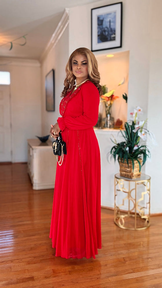 LONGSLEEVE BELTED MAXI DRESS(RED)