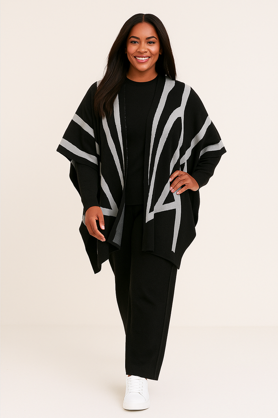 Premium Knit 2-Piece Sweater Set with Printed Shawl.