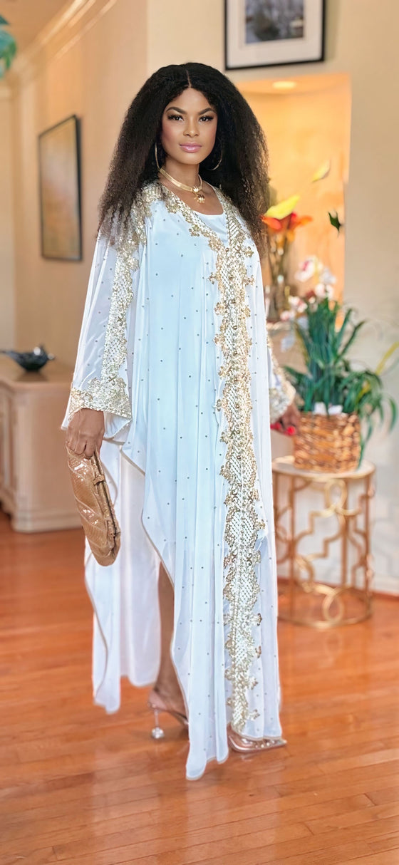 WHITE-GOLD LACE GEMSTONE KAFTAN DRESS