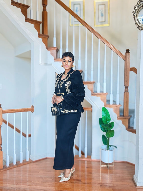 Black Royal Gold Embroidery Peplum Skirt Set