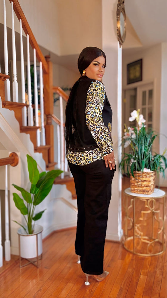 Longsleeve black denim Top/ rhinestone Denim pants set