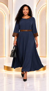Savannah Grace Animal-Print Trim Maxi Dress(Navy)