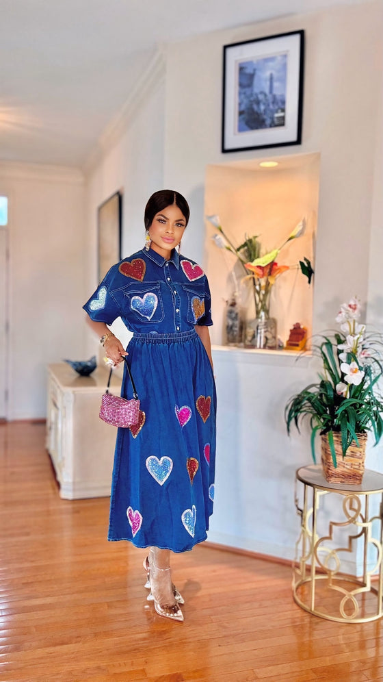 Heart of Glam Rhinestone Denim Skirt Set(LT Blue)