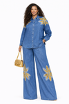 Golden Petal Luxe Denim Palazzo Set