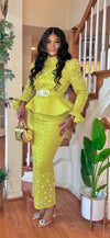 COUTURE FRONT ZIPPER RHINESTONE BLOUSE/SKIRT SET(LEMON)