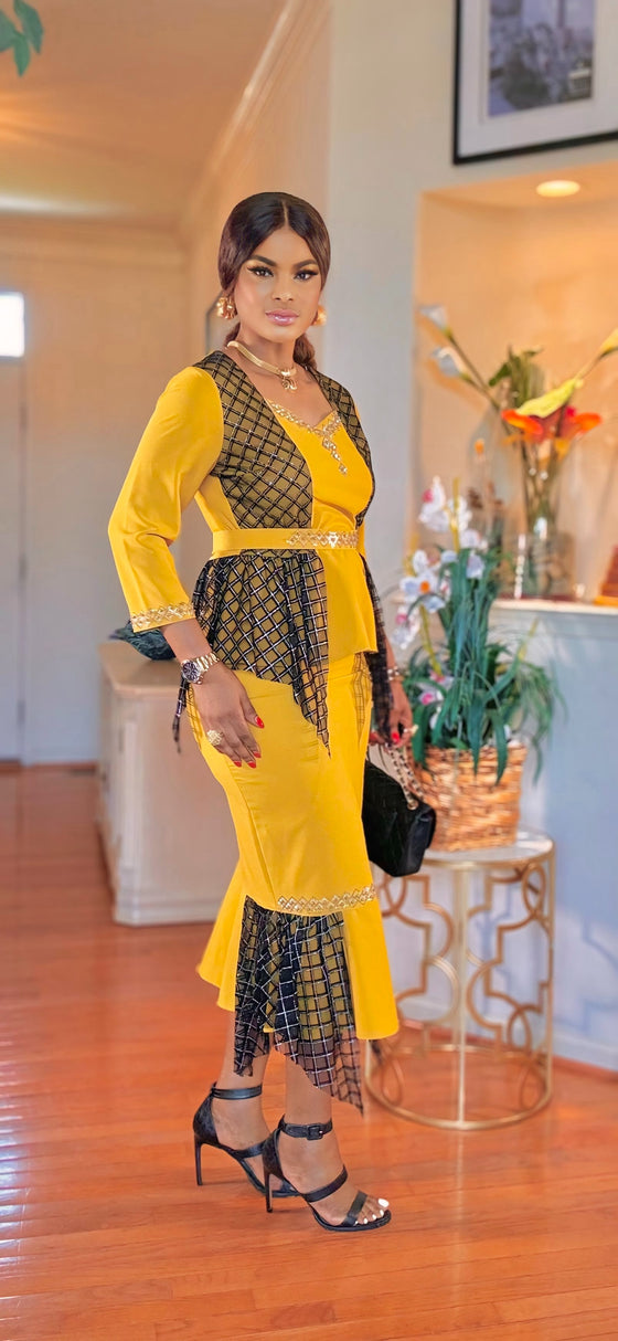 3 piece belted top /flare skirt set(mustard-black)