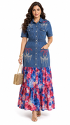 Crystal Charm Denim Maxi Dress(Blue)