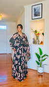 Floral Elegance Pleated Maxi Dress with Rhinestone Belt
